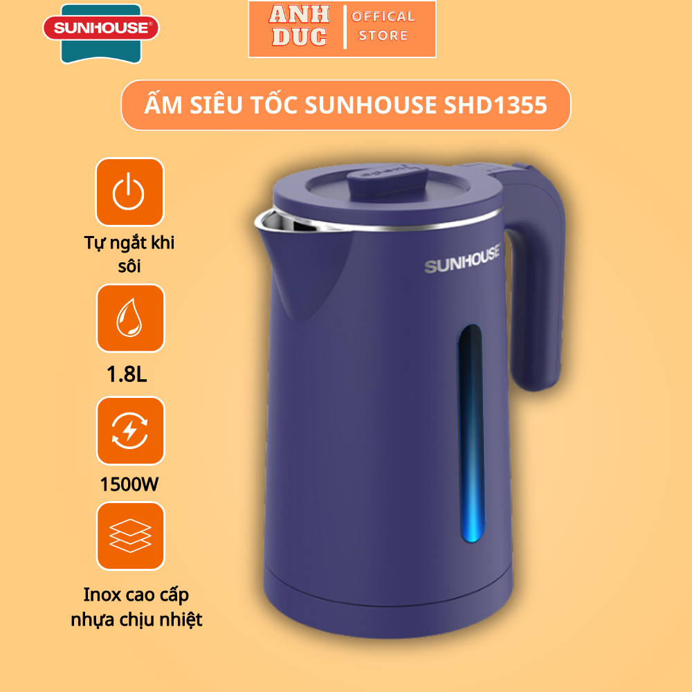 Ấm Siêu Tốc SUNHOUSE SHD1355 1.8L Inox 2 Lớp Cách Nhiệt,Công Suất 1500W,Tự Động Ngắt Khi Sôi,Đế Tiếp ĐIện Xoay 360 Độ