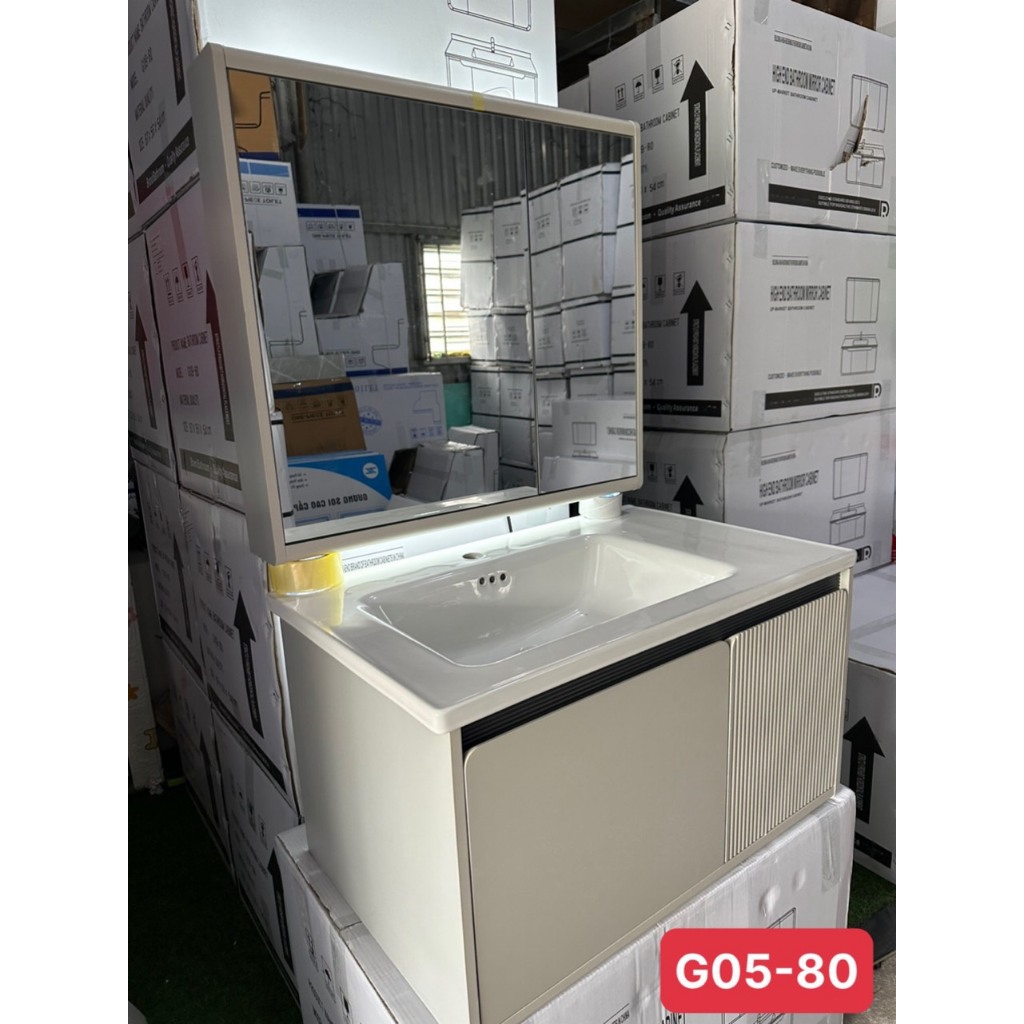 Tủ lavabo nhựa PVC lỗi đặc + mặt lavabo liền khối + tủ gương PVC đèn led - TN05 (không bao gồm vòi và xả lavabo)