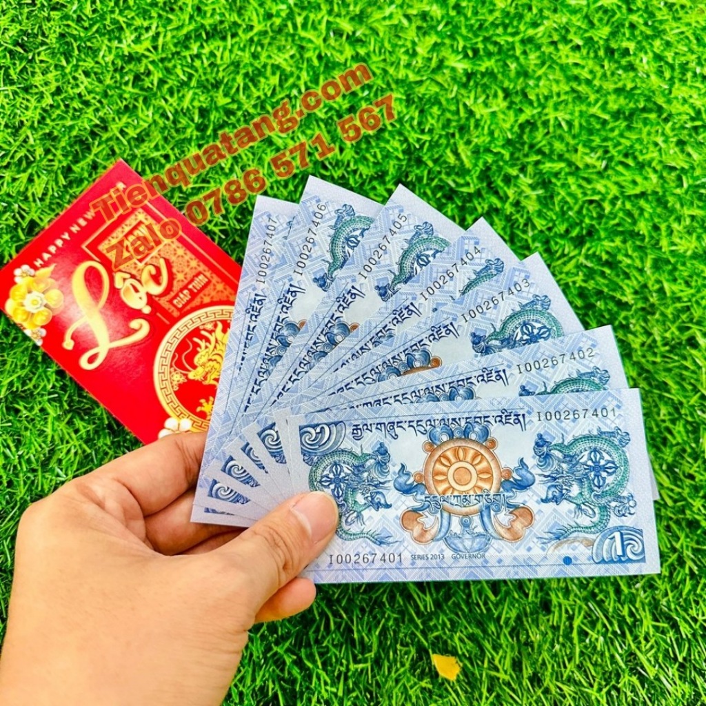 Combo 5 Tiền Hình Con Rồng Bhutan 1$ Lưu Niệm May Mắn Tặng Kèm Bao Lì Xì Tết