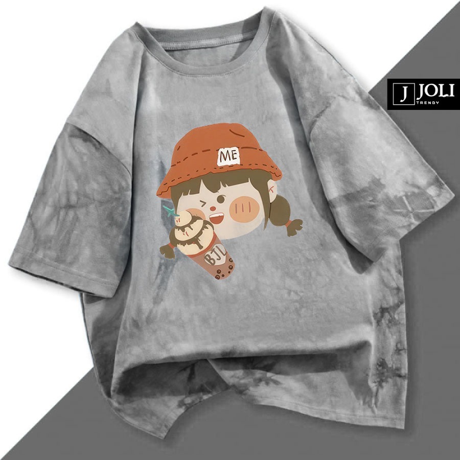 Áo Thun Loang, Áo Phông Nam Nữ Unisex Tay Lỡ By JOLI BST 02 Màu Ghi In Hình Chất Cotton Form Rộng