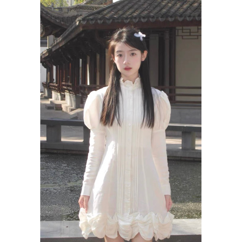 THE2001STORE | Váy sơ mi nữ cổ tàu dài tay đuôi bèo phong cách Hàn Quốc