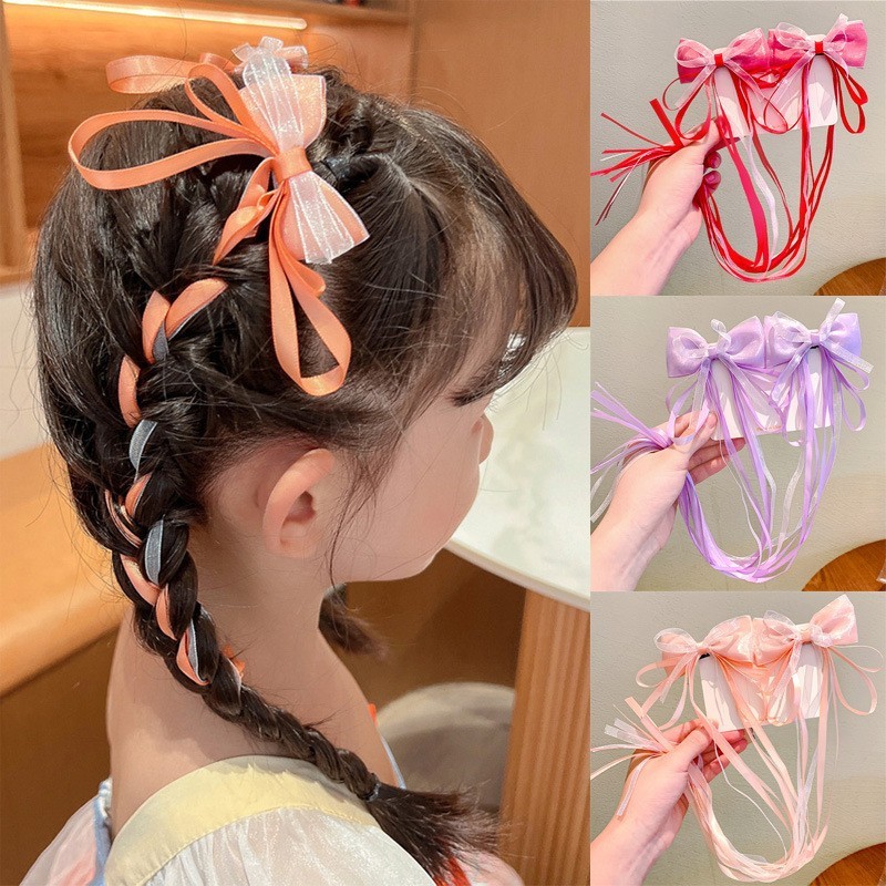 Set 2 Kẹp tóc nơ ruy băng dài nhiều màu cho bé gái tết tóc siêu xinh phụ kiện múa hot 2024