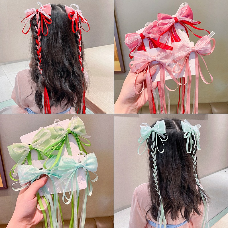Set 2 Kẹp tóc nơ ruy băng dài nhiều màu cho bé gái tết tóc siêu xinh phụ kiện múa hot 2024