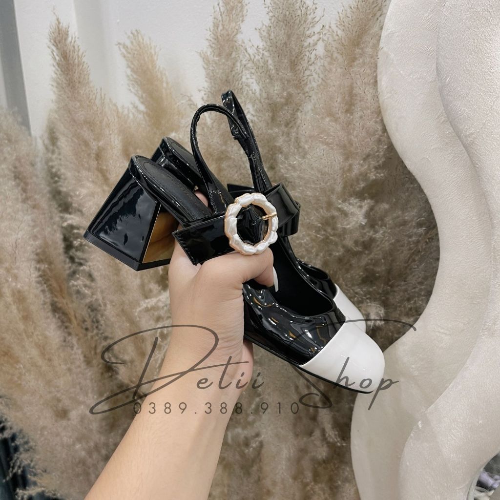 Giày nữ Giày cao gót CnK đế vuông cao 6p quai ngang đính hoa sang chảnh mẫu mới BST 2023