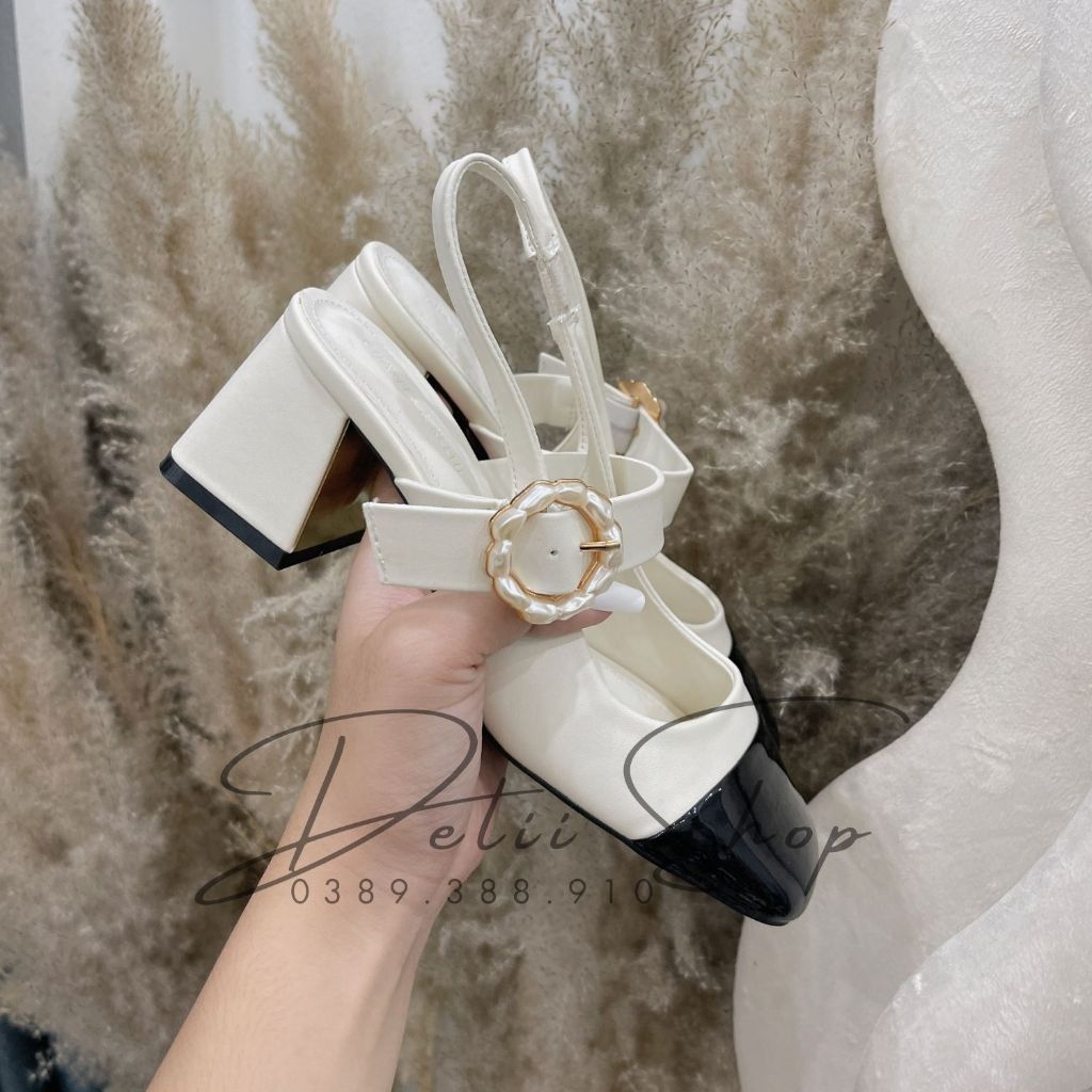 Giày nữ Giày cao gót CnK đế vuông cao 6p quai ngang đính hoa sang chảnh mẫu mới BST 2023