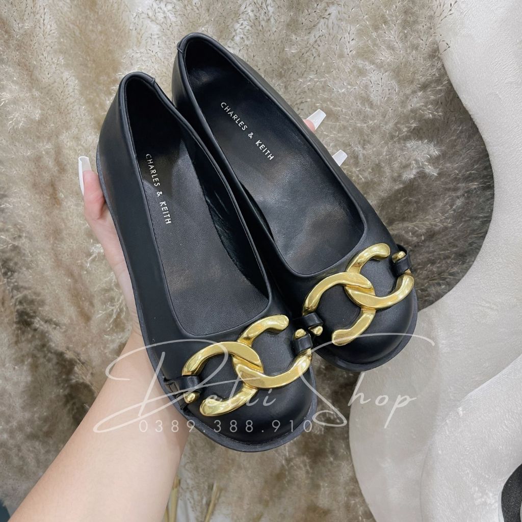 Giày nữ giày búp bê nữ CnK đế cao 2cm mũi tròn xích vàng  sang trọng hàng Fullbox