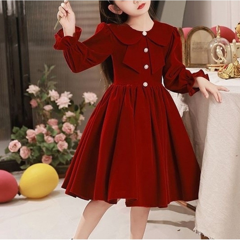 Váy tiểu thư bé gái chất liệu nhung nhập khẩu cao cấp- váy dài tay bé gái đi học đi chơi phong cách nhẹ nhàng tiểu thư