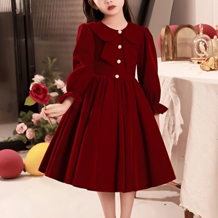 Váy tiểu thư bé gái chất liệu nhung nhập khẩu cao cấp- váy dài tay bé gái đi học đi chơi phong cách nhẹ nhàng tiểu thư