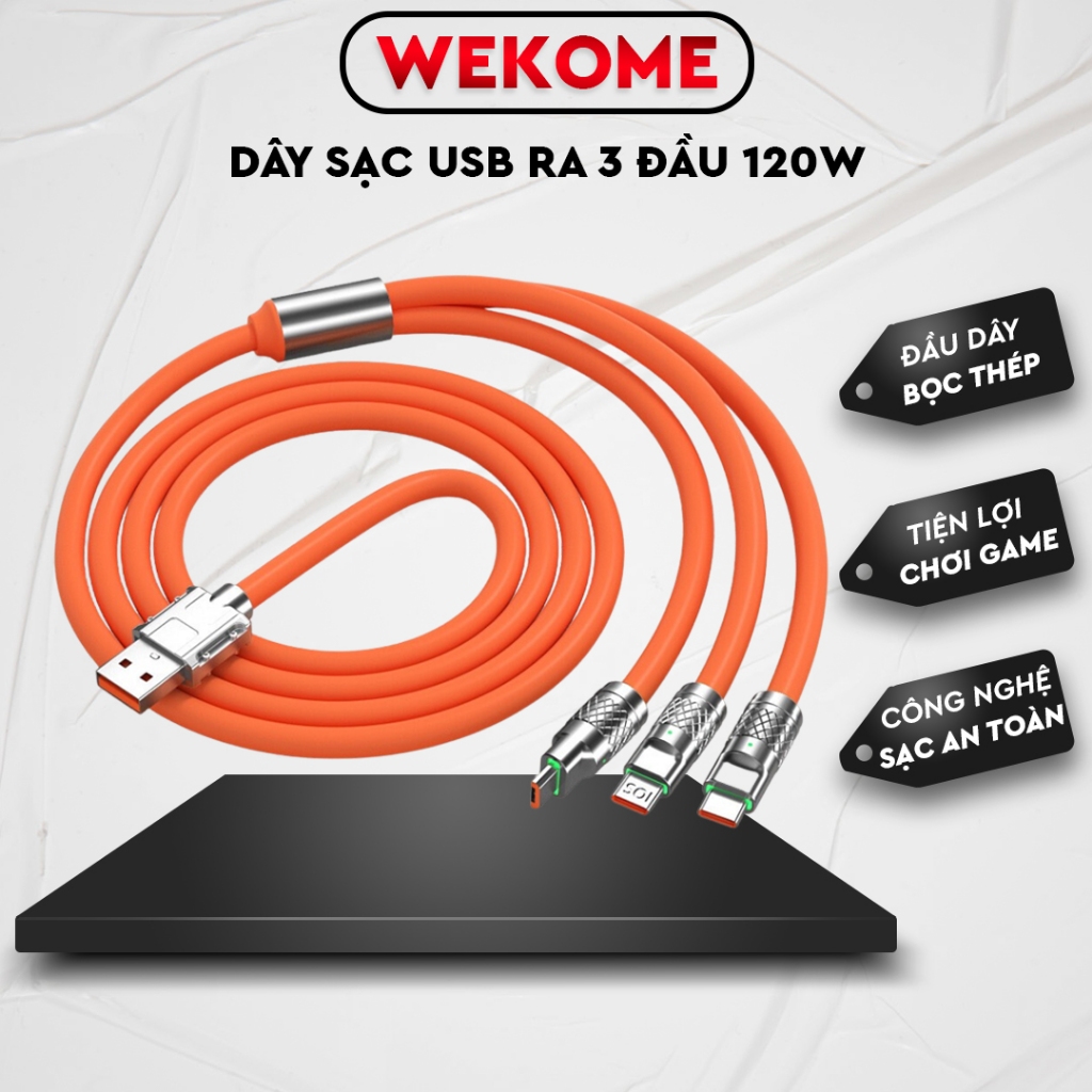 Dây cáp sạc 3 đầu 120W Wekome, dây silincon mềm mại, đầu bọc thép, Bằng Silicone Và Hợp Kim Kẽm