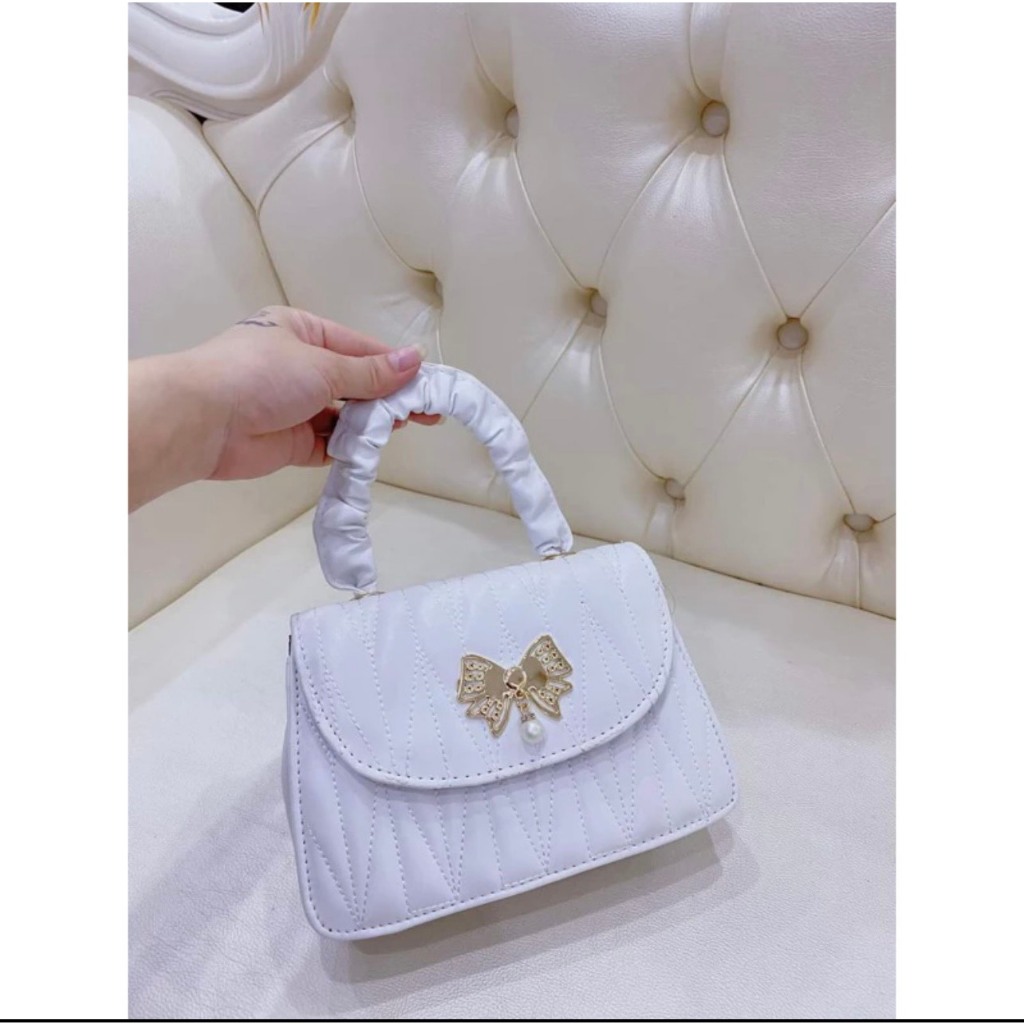 Túi xách công sở nữ da dập thêu quai xách da nhún kèm nơ đính đá ngoài