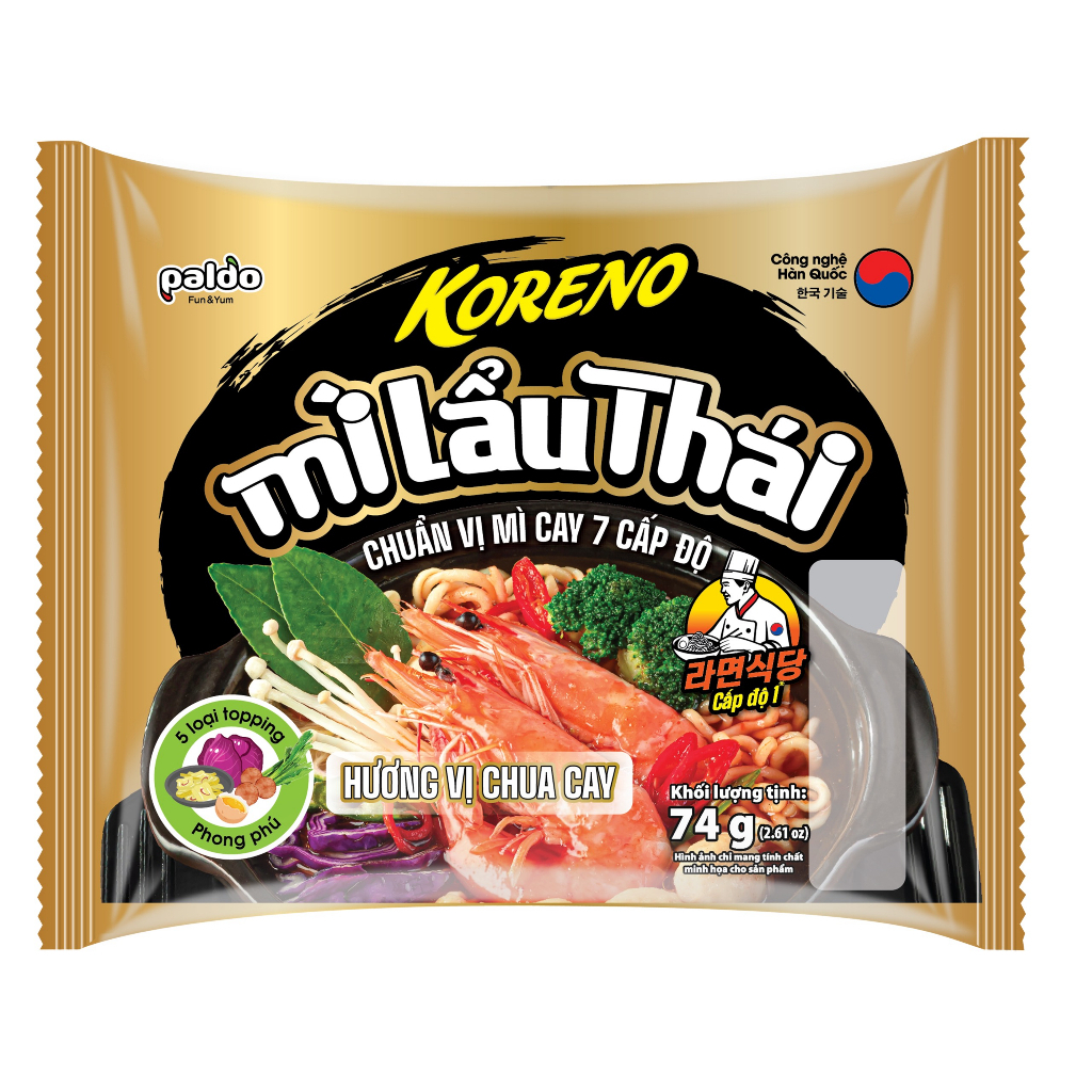 Combo Lốc 5 gói mì Koreno, 74gr/gói. lẩu Thái hương vị chua cay mới, jumbo gà, kim chi, bò cay, jumbo bò cay