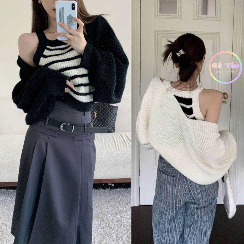Set Len Dệt Kim, Áo Khoác Ngoài Tay Dài Dáng Rộng From Crt Phối Áo Cổ Yếm Sọc Ngang Siêu Xinh Hàng Qccc Bé Tiu