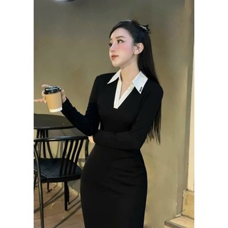 Đầm thun gân nữ ôm body dáng dài cổ sơ mi phối trắng, đầm body tôn dáng, đầm dài màu đen co dản dể mặc lên from xinh
