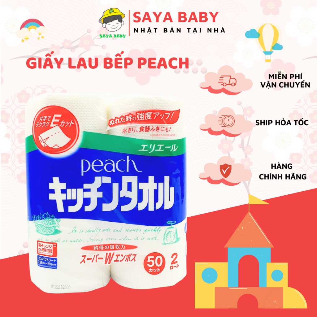(GIẢM SỐC)Set 2 cuộn Giấy lau bếp Peach Nhật Bản 100 tờ dai, thấm hút siêu tốt