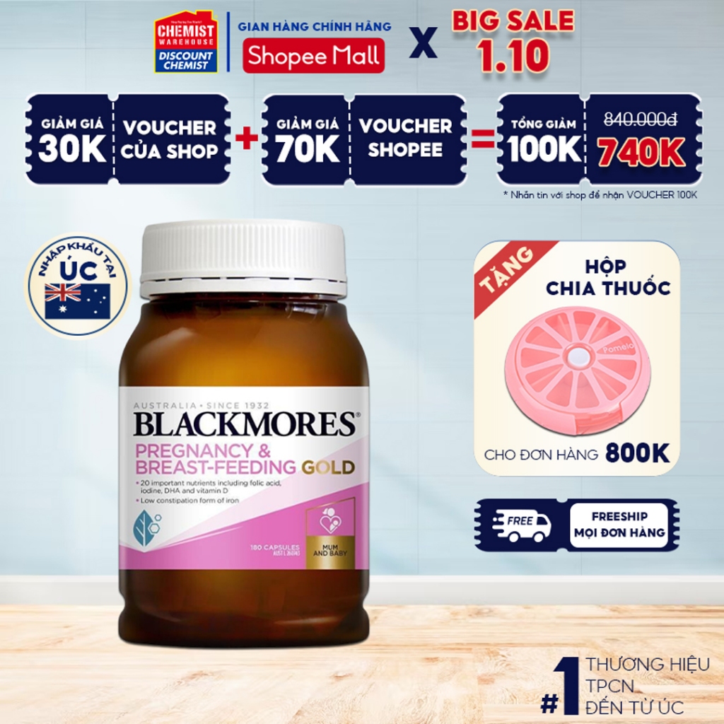 Vitamin bầu Blackmores Pregnancy And Breast Feeding Gold của Úc, bổ sung vitamin tổng hợp cho bà bầu hộp 180 viên