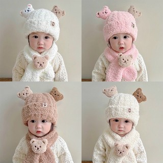 Mũ len gấu 3d lông cừu cho bé kèm khăn quàng cổ 5-24 tháng