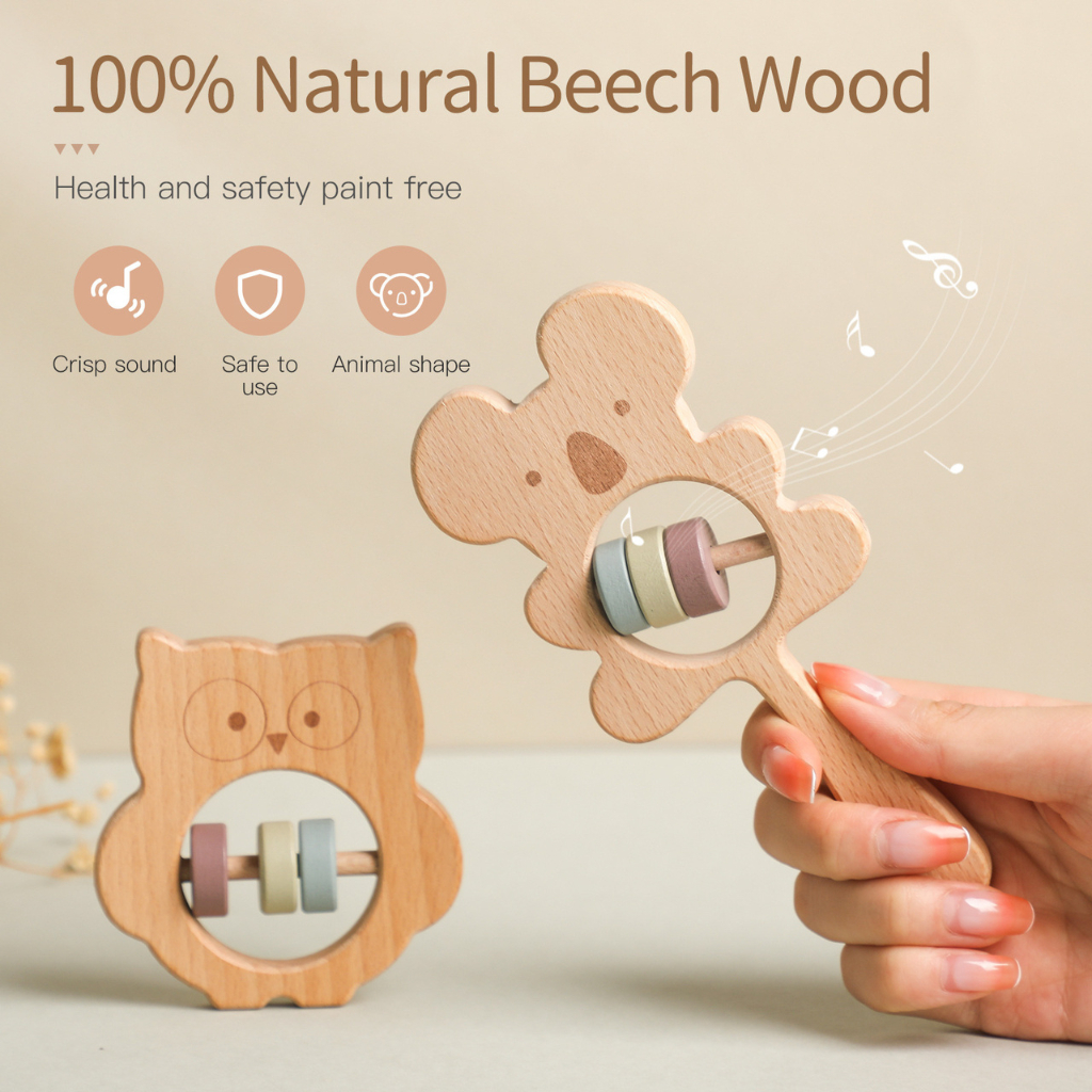 Lục Lạc Gỗ Hình Động Vật Cho Bé Neo Town - Wooden Animals Baby Rattles