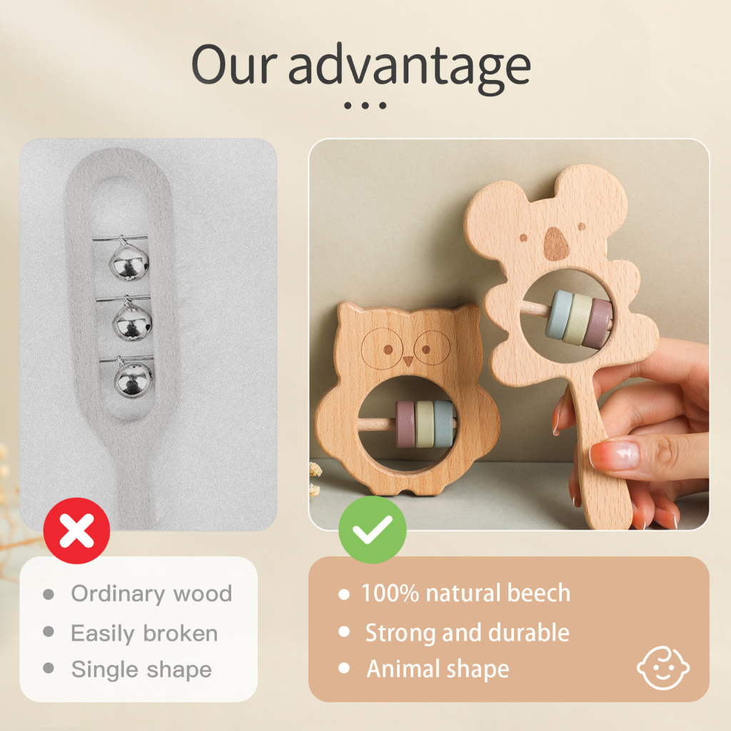 Lục Lạc Gỗ Hình Động Vật Cho Bé Neo Town - Wooden Animals Baby Rattles