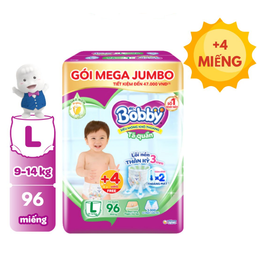 Tã quần Bobby mới Mega Jumbo L96+12 miếng