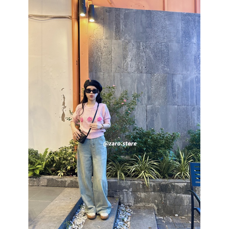 Áo len ngắn tay hoa hồng