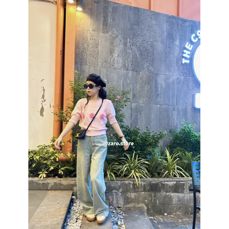 Áo len ngắn tay hoa hồng