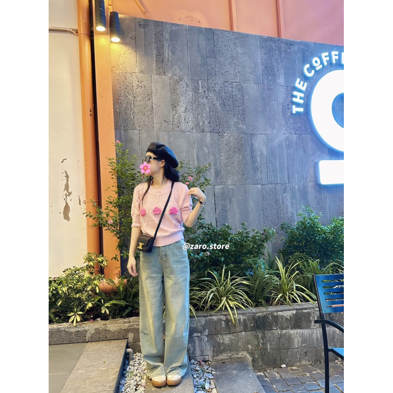 Áo len ngắn tay hoa hồng