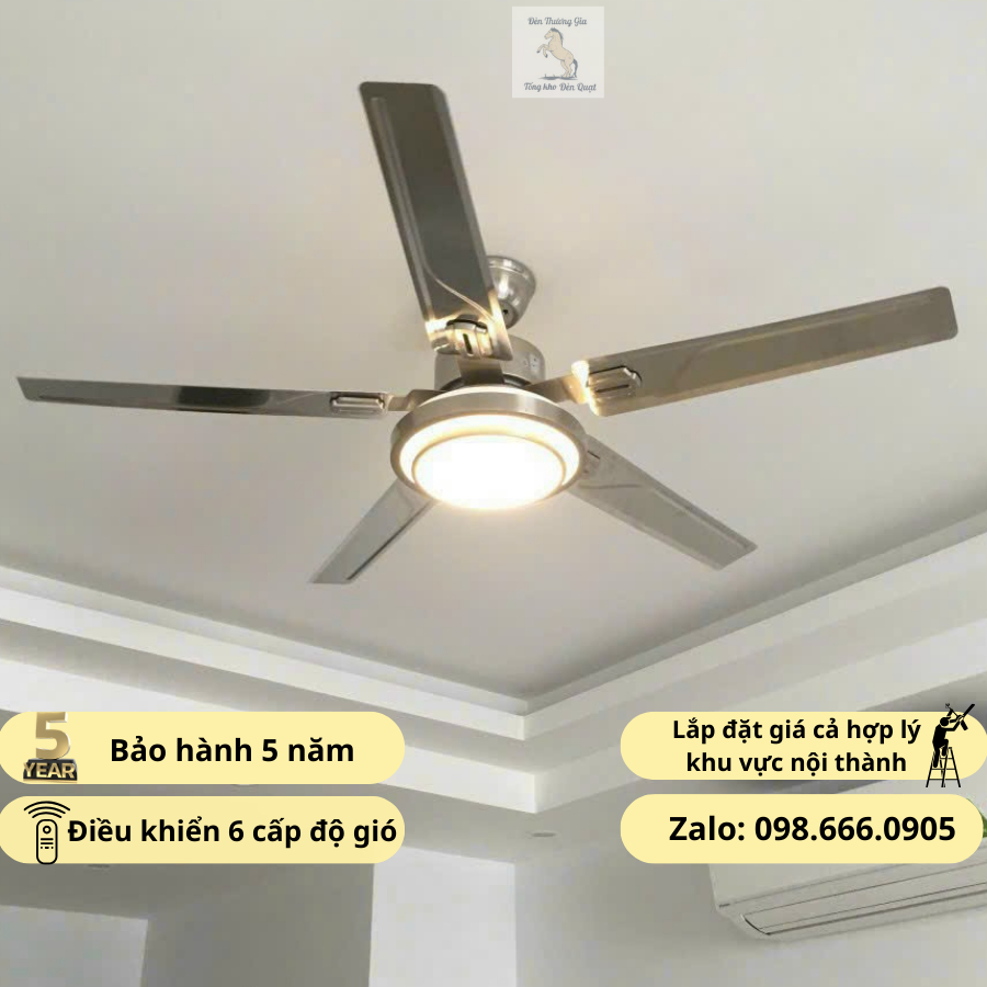 Quạt trần 5 cánh mã 9008 có đèn 3 màu có điều khiển từ xa 6 cấp độ gió quạt cánh thép lõi bằng đồng có hẹn giờ đảo chiều