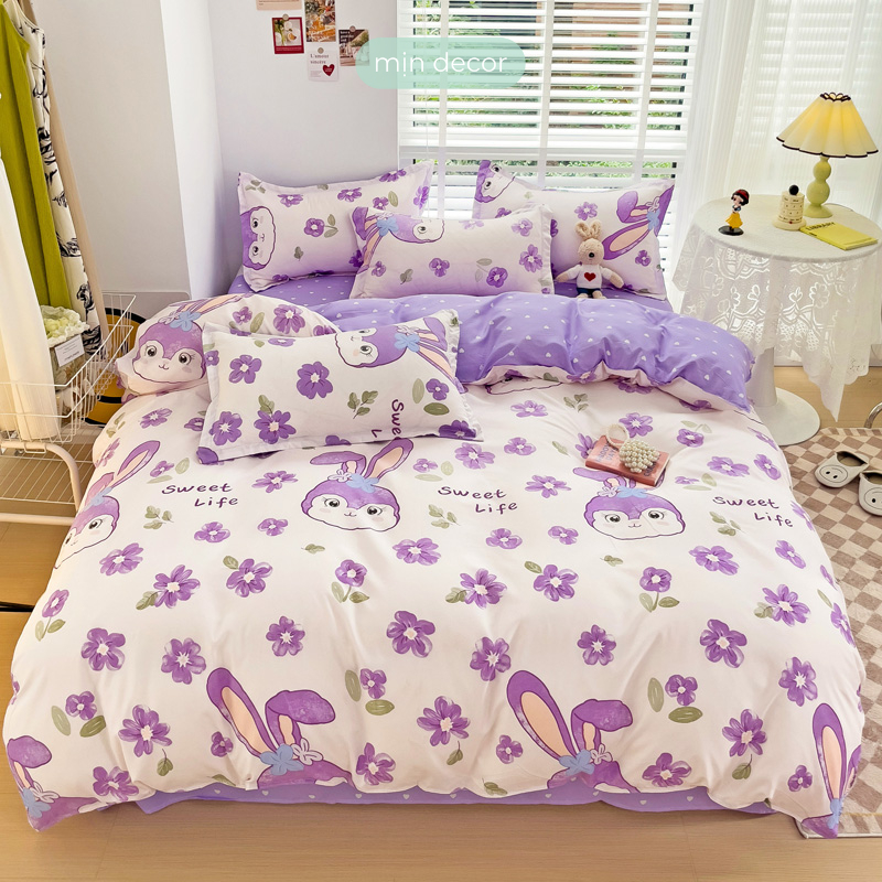 Bộ chăn ga gối cotton 3D Mịn Decor mềm mịn, ga giường 2 áo gối cotton kèm vỏ chăn có khóa kéo