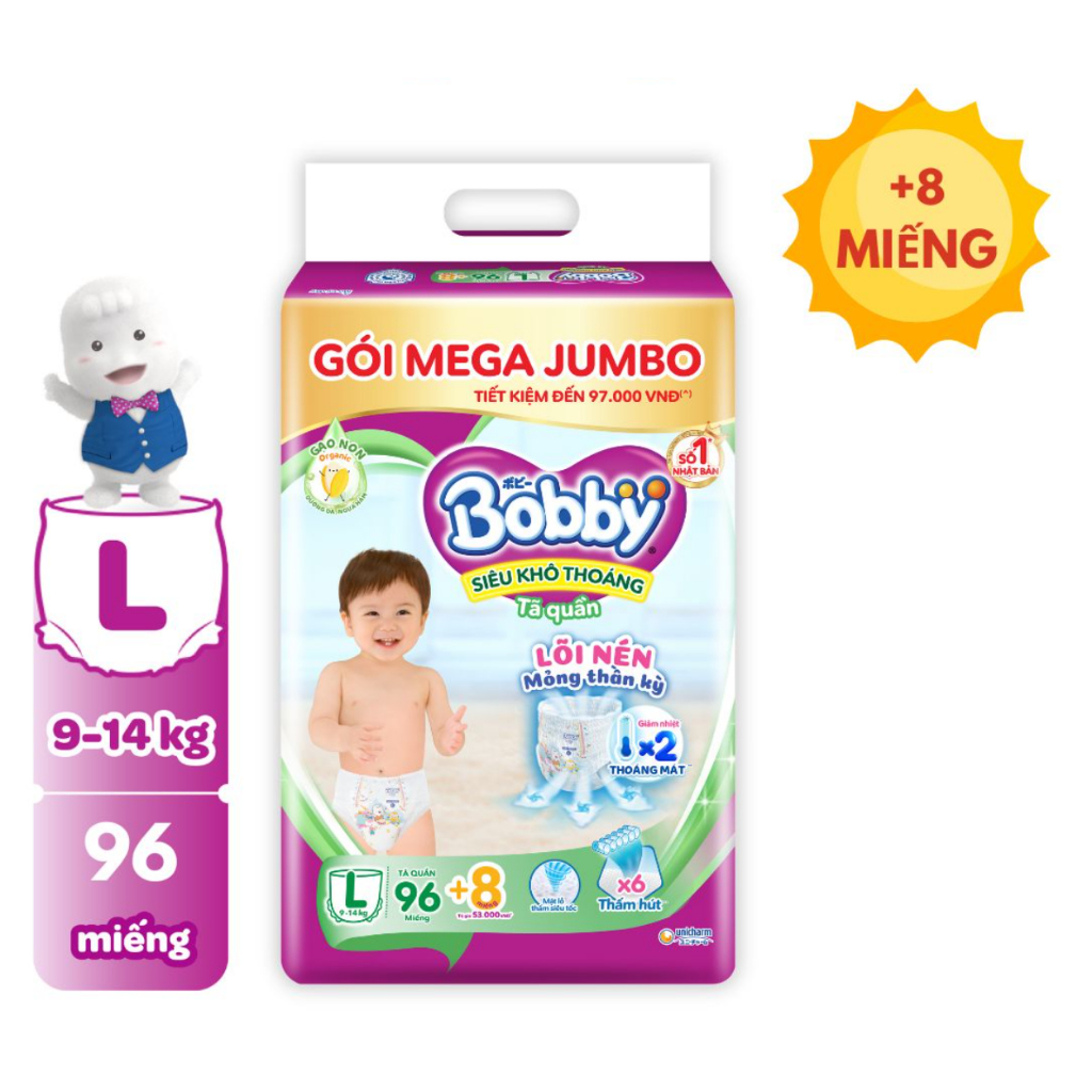 Tã/bỉm quần Bobby gói Mega Jumbo L96+12 MIẾNG