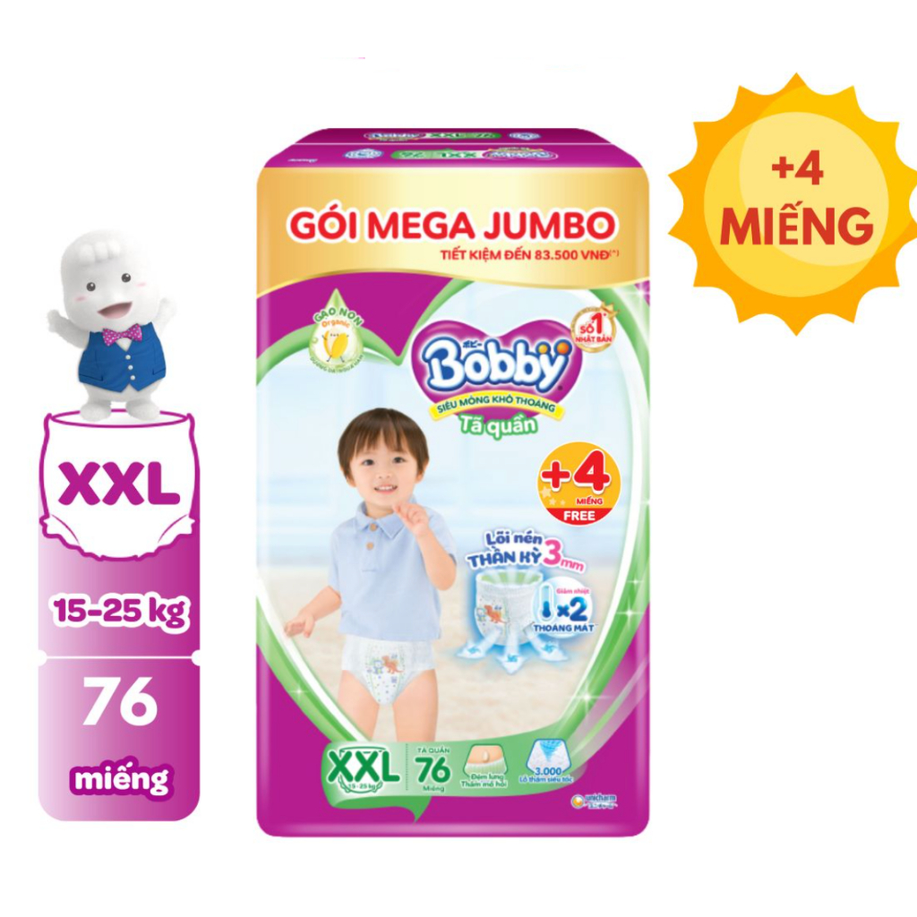 Tã/bỉm quần Bobby gói Mega Jumbo XXL76+12 MIẾNG