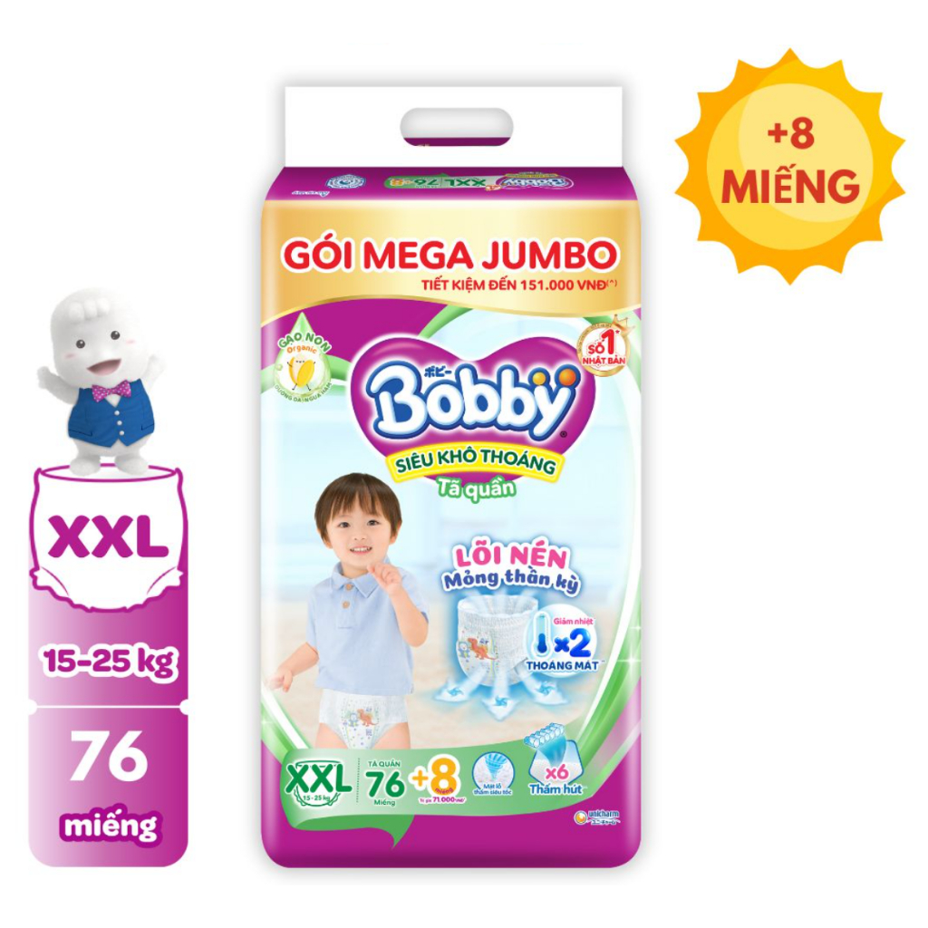 Tã/bỉm quần Bobby gói Mega Jumbo XXL76+12 MIẾNG