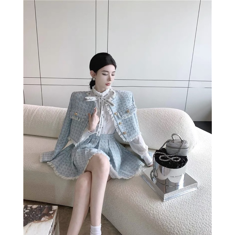 Áo dạ tweed và chân váy chữ A xoè dành cho nữ hàng quảng châu