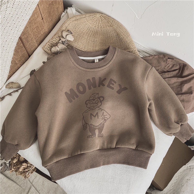 Áo sweater nỉ chui đầu nhung trẻ em phiên bản Hàn Quốc dành cho bé trai bé gái chữ in monkey dễ thương mới thu đông 2023