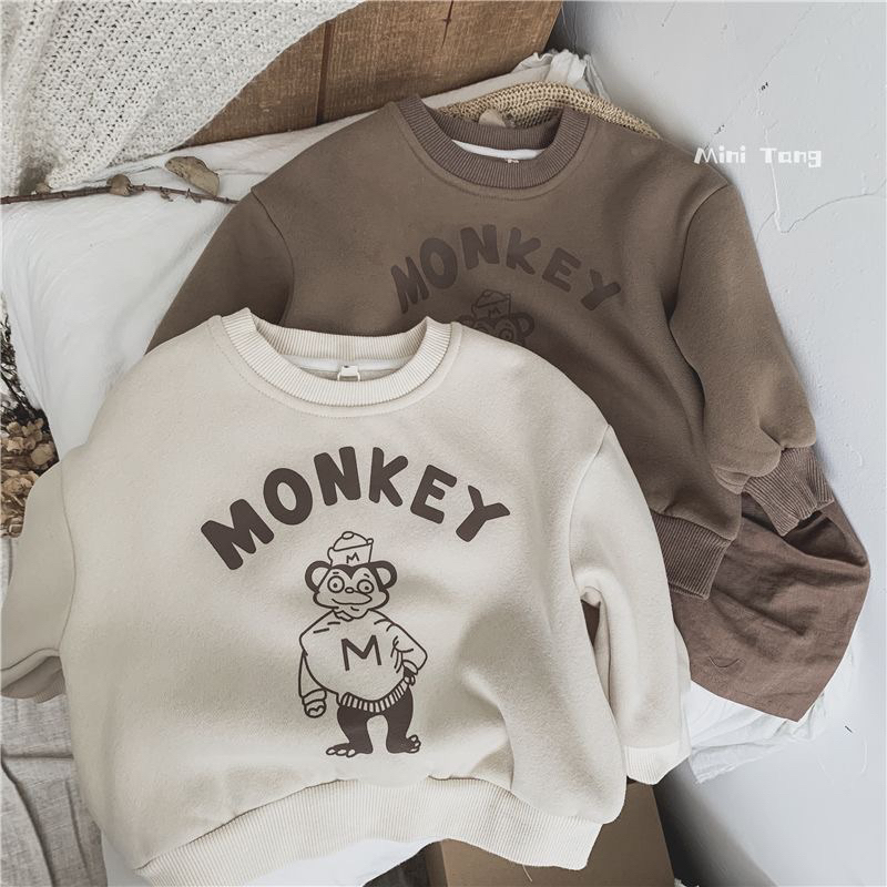 Áo sweater nỉ chui đầu nhung trẻ em phiên bản Hàn Quốc dành cho bé trai bé gái chữ in monkey dễ thương mới thu đông 2023