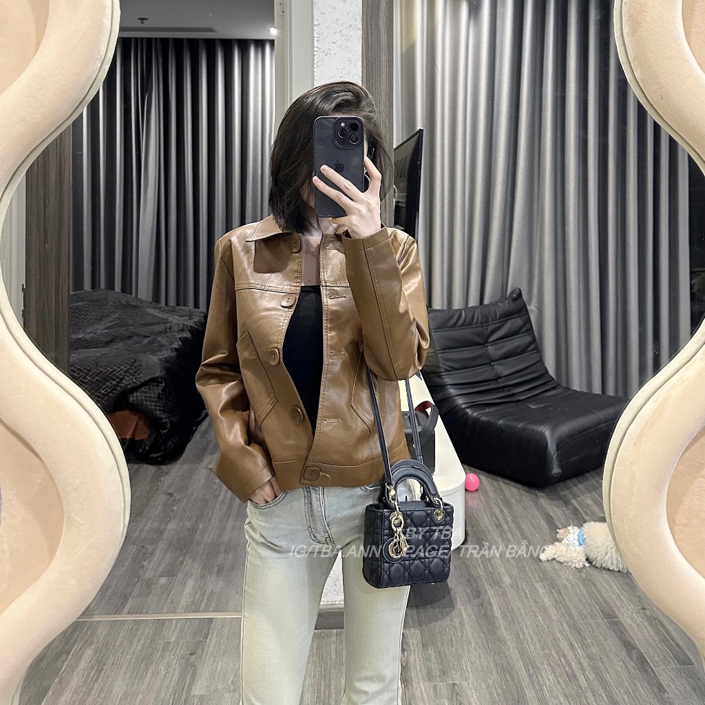 Áo da nữ CANAVI thiết kế 5 cúc có túi 2 bên cổ bẻ vuông thời trang phong cách nâu 9610