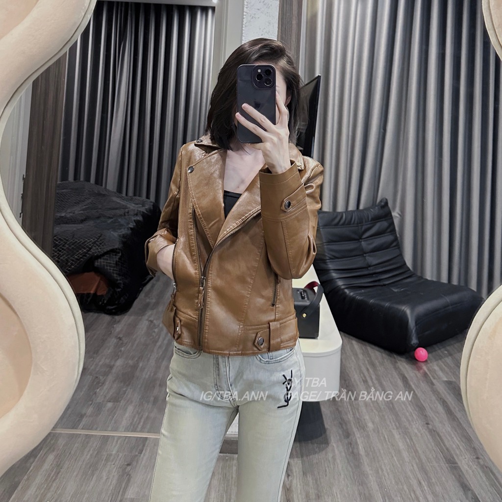Áo khoác CANAVI da PU nữ cao cấp dáng ngắn bo eo cho nữ cổ bẻ phong cách hàn quốc nâu sáng 7801