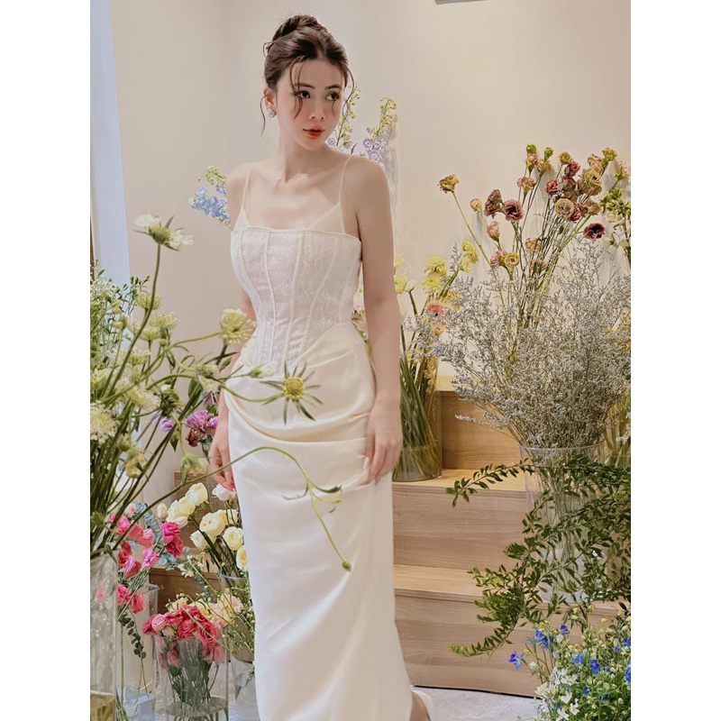 Váy corset ren phối lụa ngọc trai - Ashyley