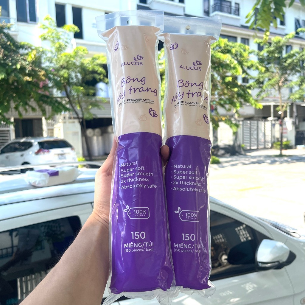 Bông tẩy trang 150 miếng tròn Alucos, bông tẩy trang 222 miếng siêu mịn mẫu mới 2023