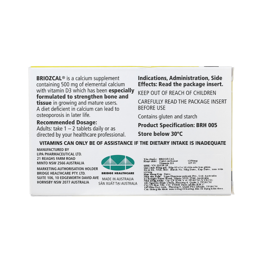 Briozcal hộp 30 viên nhập khẩu ÚC giúp bổ sung canxi, vitamin D3