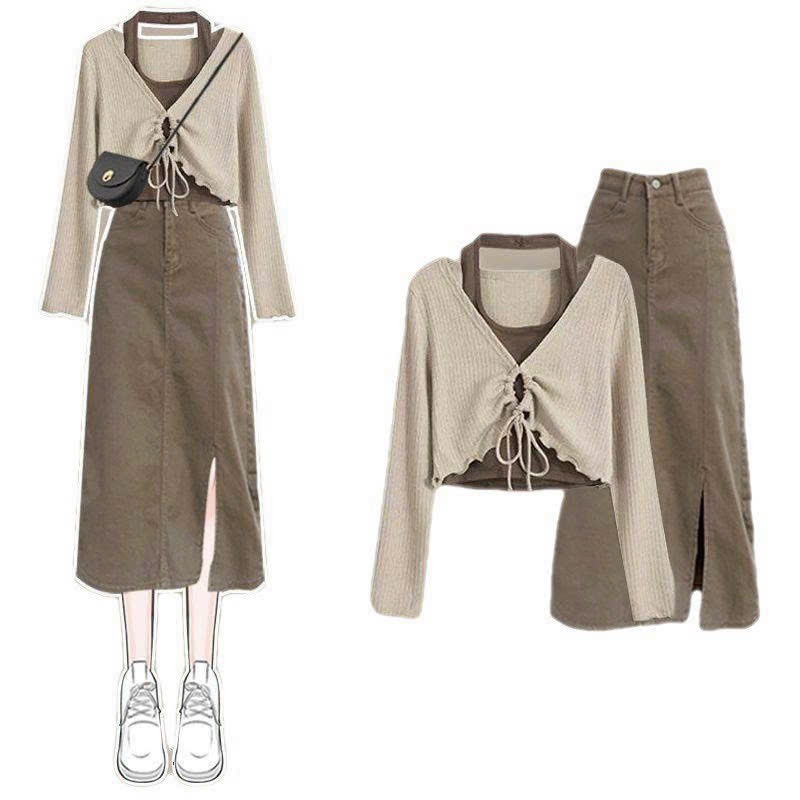 SET NÂU 3 MÓN GÂN: ÁO KHOÁC NÂU RÚT DÂY NGỰC + ÁO YẾM NÂU GÂN + CHÂN VÁY SUÔNG MIDI NÂU XẺ TÀ