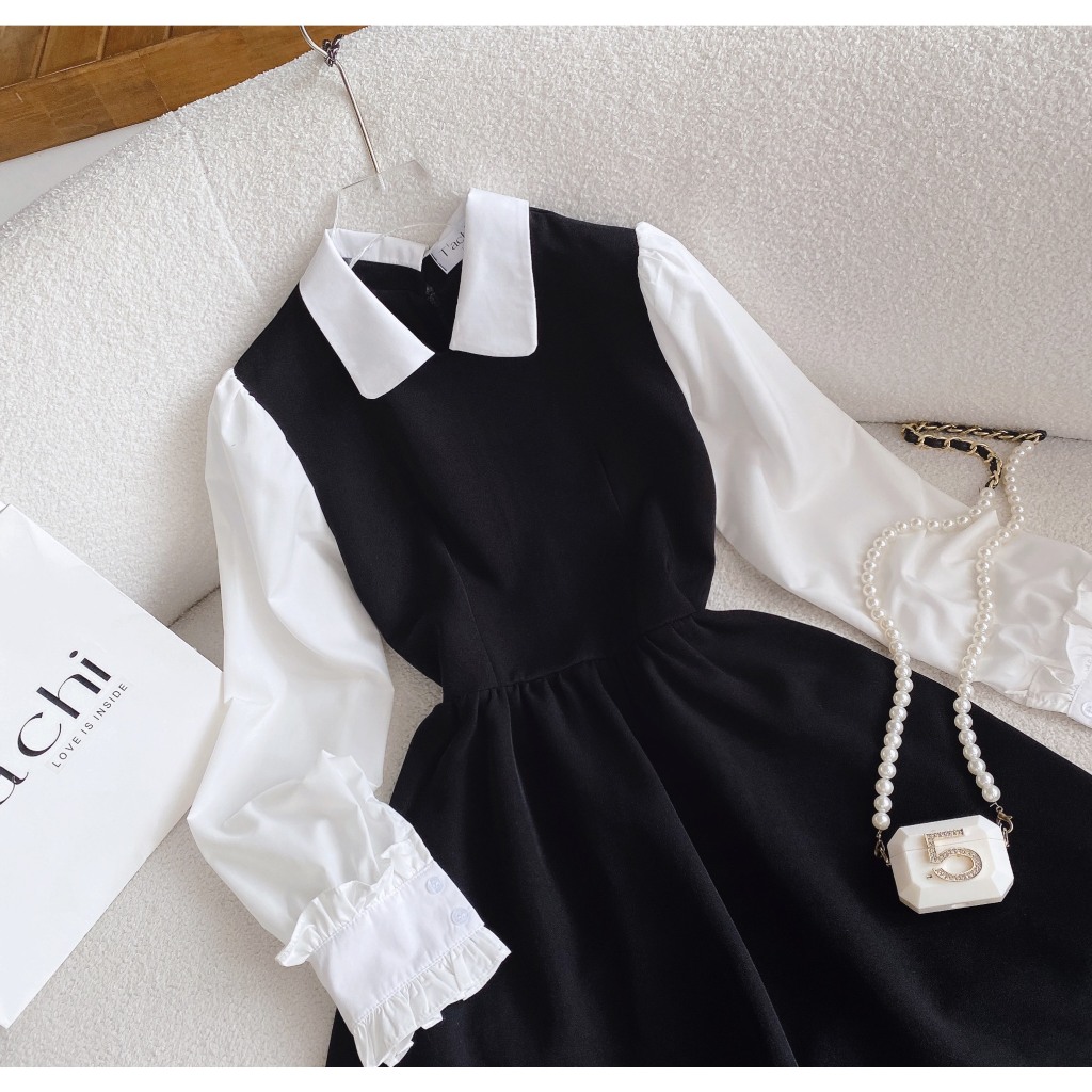 ĐẦM ĐEN CỔ SƠ MI TAY PHỐI SƠ MI