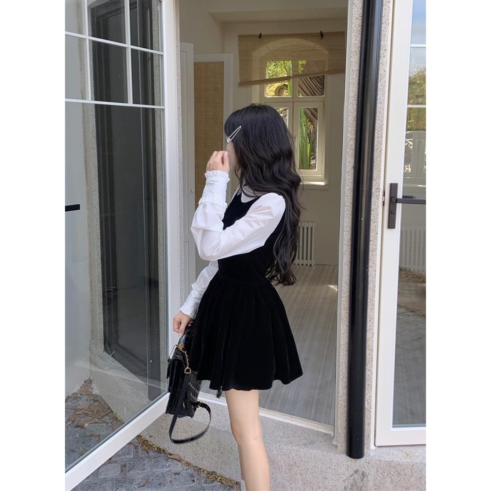 ĐẦM ĐEN CỔ SƠ MI TAY PHỐI SƠ MI