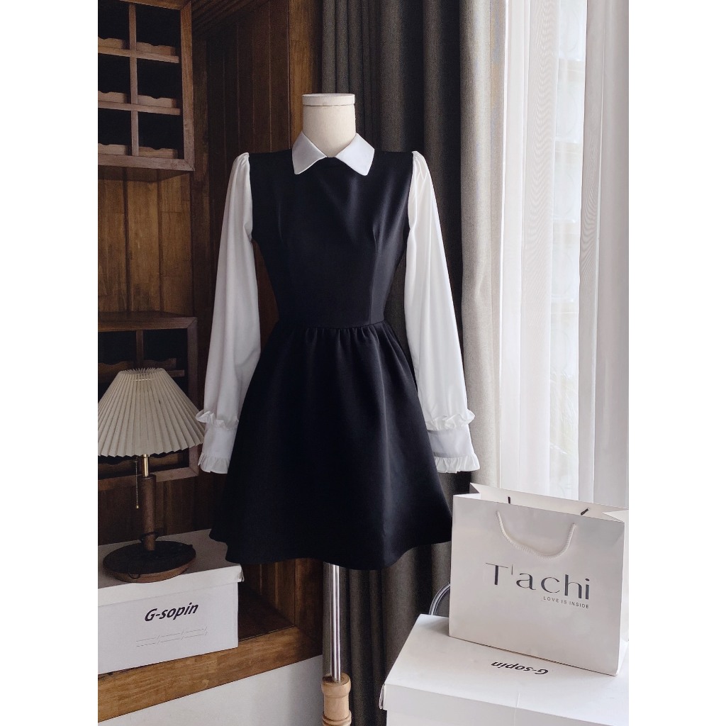 ĐẦM ĐEN CỔ SƠ MI TAY PHỐI SƠ MI