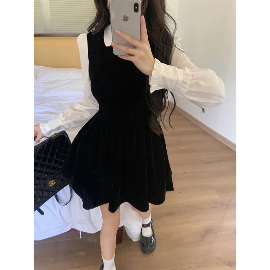 ĐẦM ĐEN CỔ SƠ MI TAY PHỐI SƠ MI