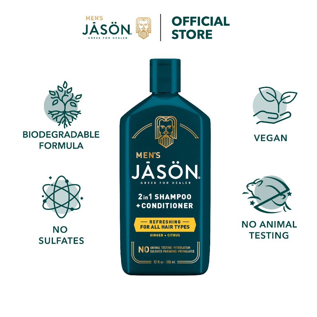 Dầu gội xả 2 trong 1 JASON MEN'S 2 IN 1 SHAMPOO + CONDITIONER REFRESHING FOR ALL HAIR TYPES CITRUS + GINGER 355ml