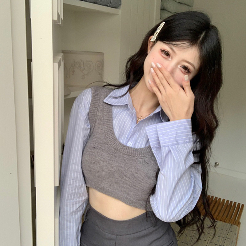 SET ÁO SƠ MI CROPTOP Dáng ngắn 2 màu Quảng Châu