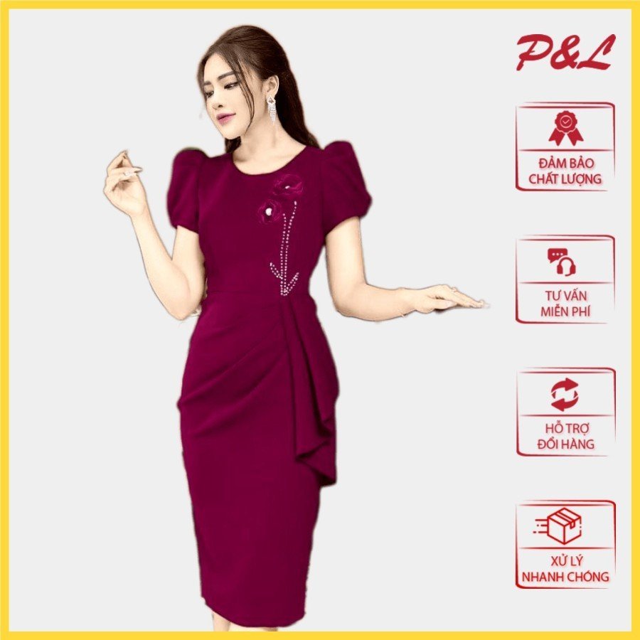 Váy Đầm Dự Tiệc Trung Niên Thiết Kế Cao Cấp Cổ Tròn Xếp Ly Bông Ngực PL4