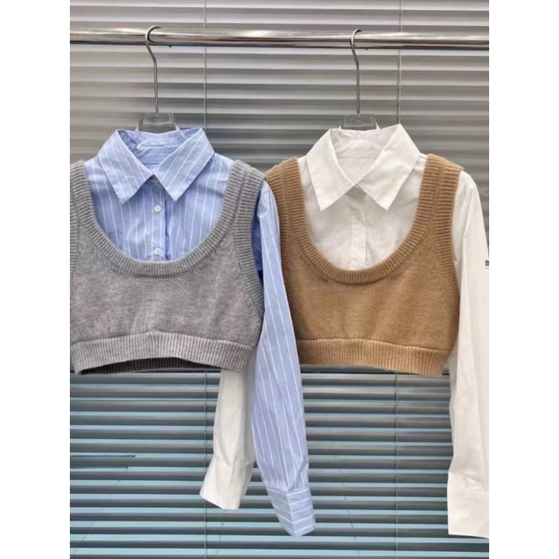 SET ÁO SƠ MI CROPTOP Dáng ngắn 2 màu Quảng Châu