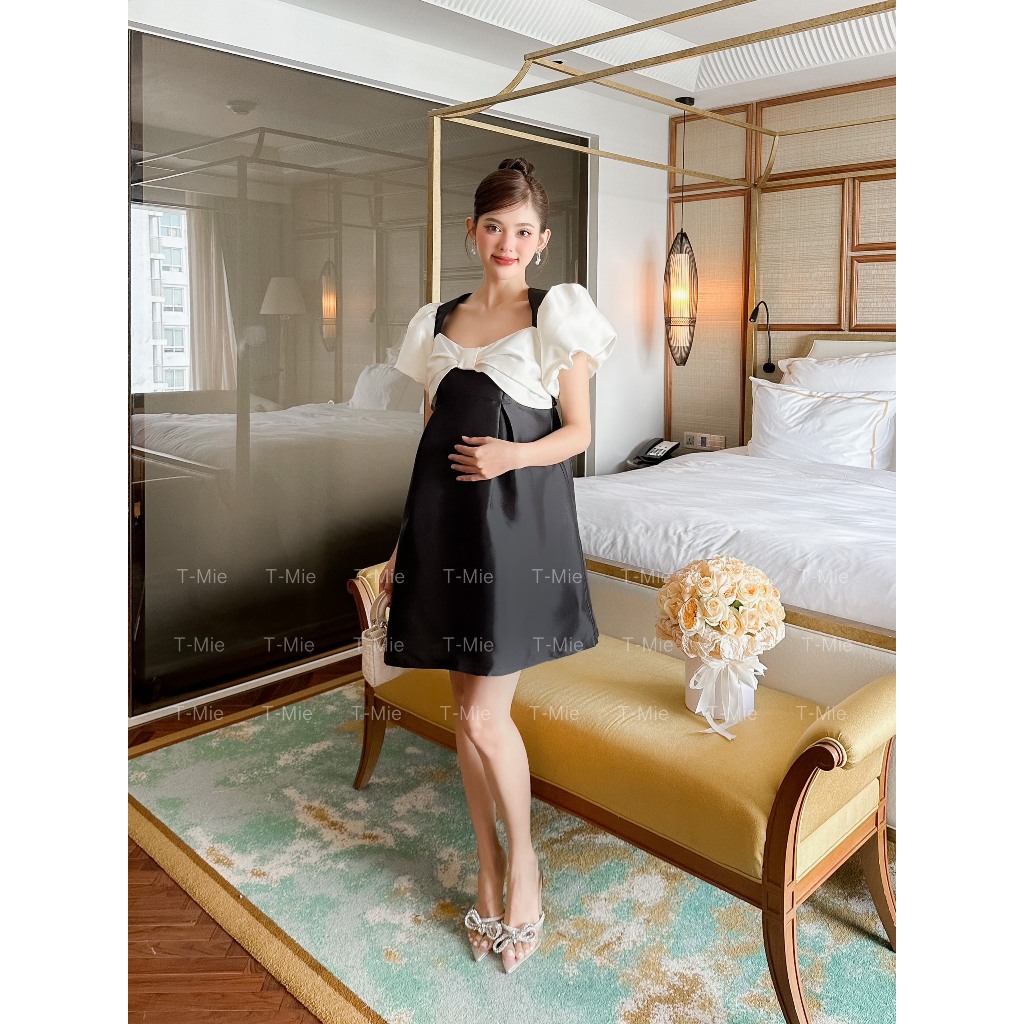 T-Mie | Đầm Bầu Thiết Kế Chất Taffta Cổ Nơ Tay Phồng Cao Cấp Siêu Sang Công Sở Đi Tiệc Đẹp,MD4551