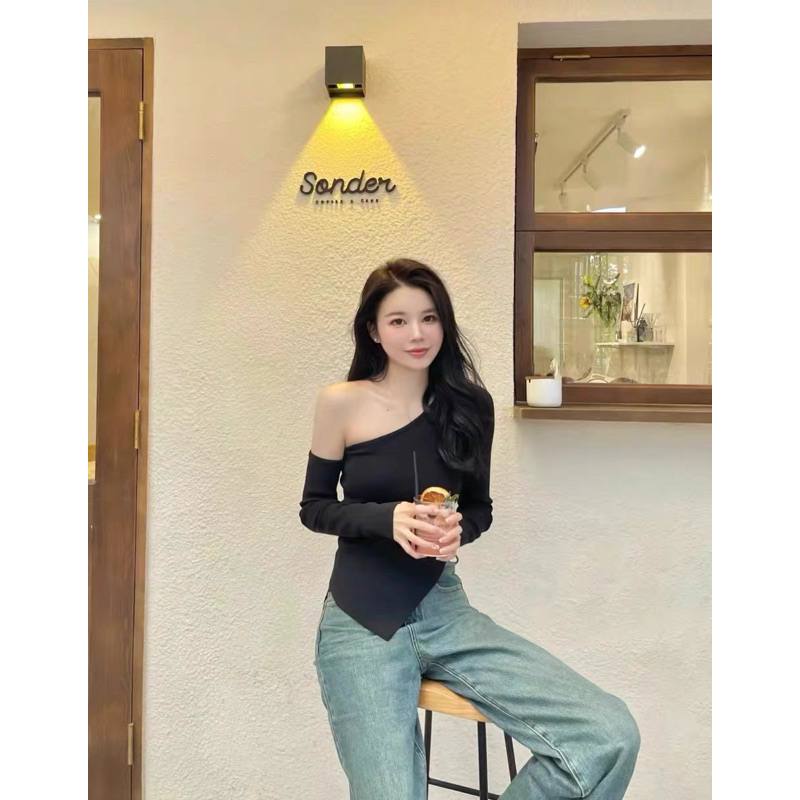 Áo Tay Dài Vạt Chéo, Áo kiểu nữ tay dài thun gân tăm A4